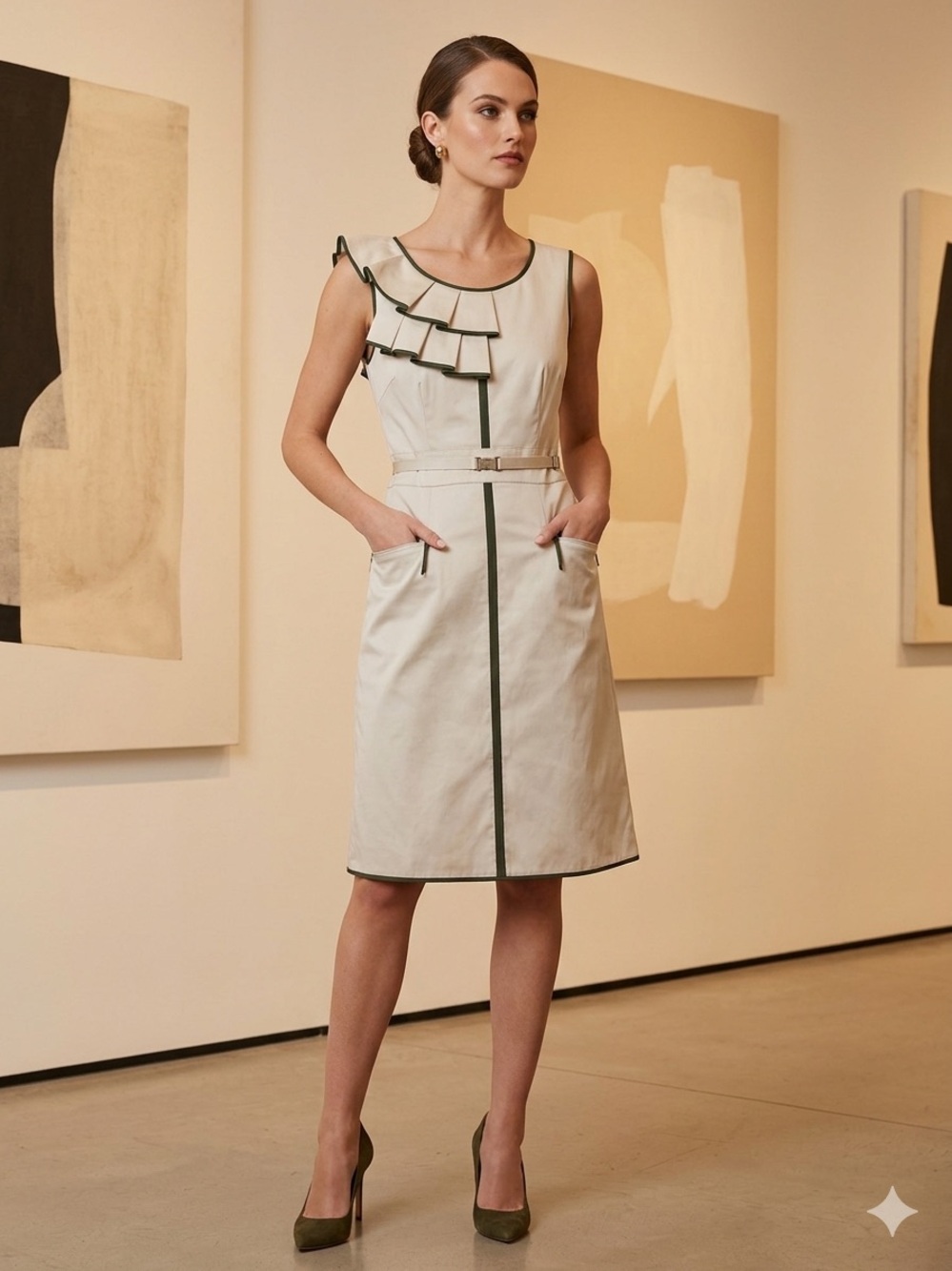 SINCLAIRE Sleeveless Cream Dress with Contrast Trim. Size 10